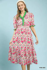 Umgee Floral Ruffle Trim Tiered Midi Dress