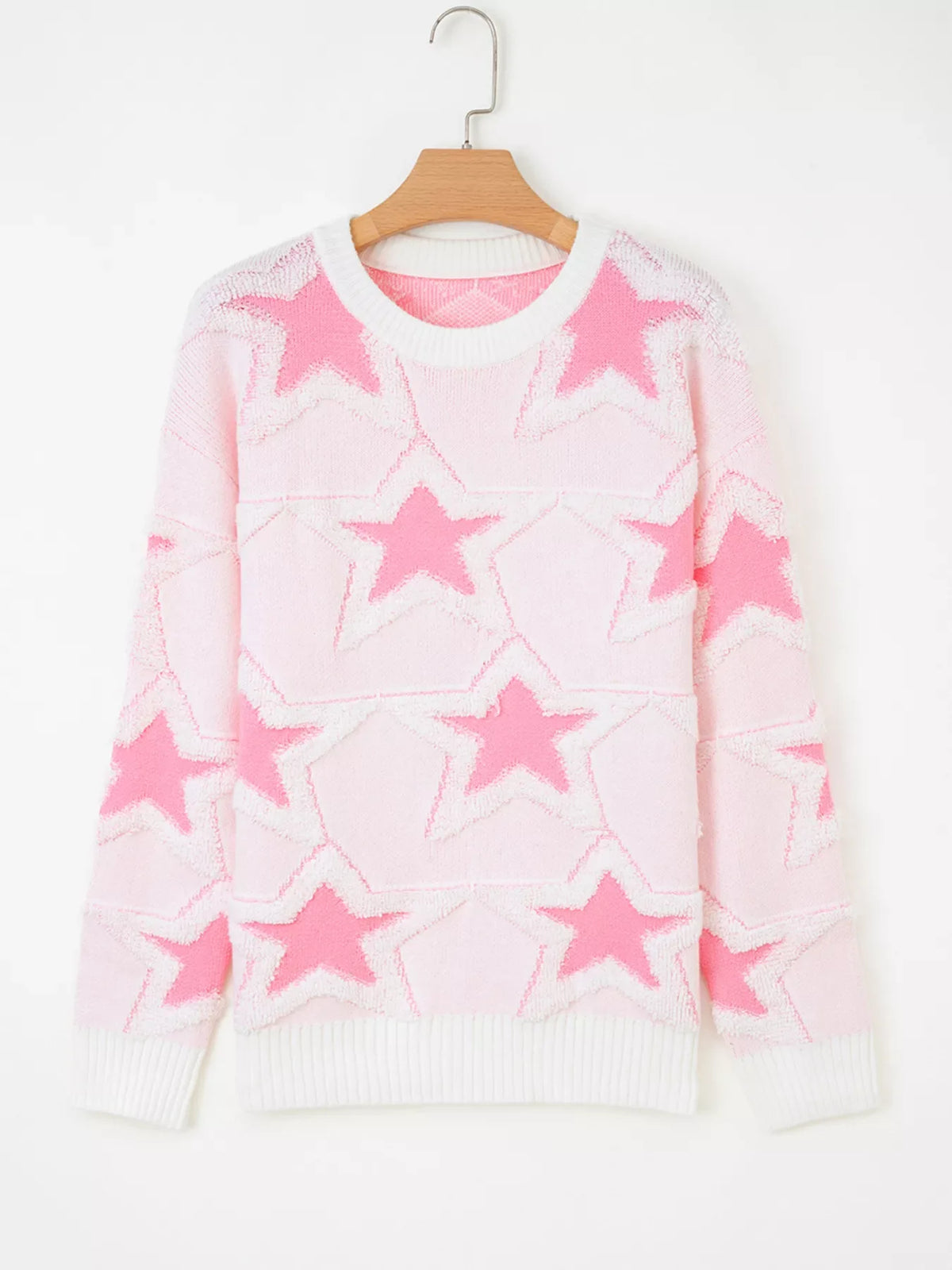 Oversized Star Pattern Ribbed Edge Drop Shoulder Sweater