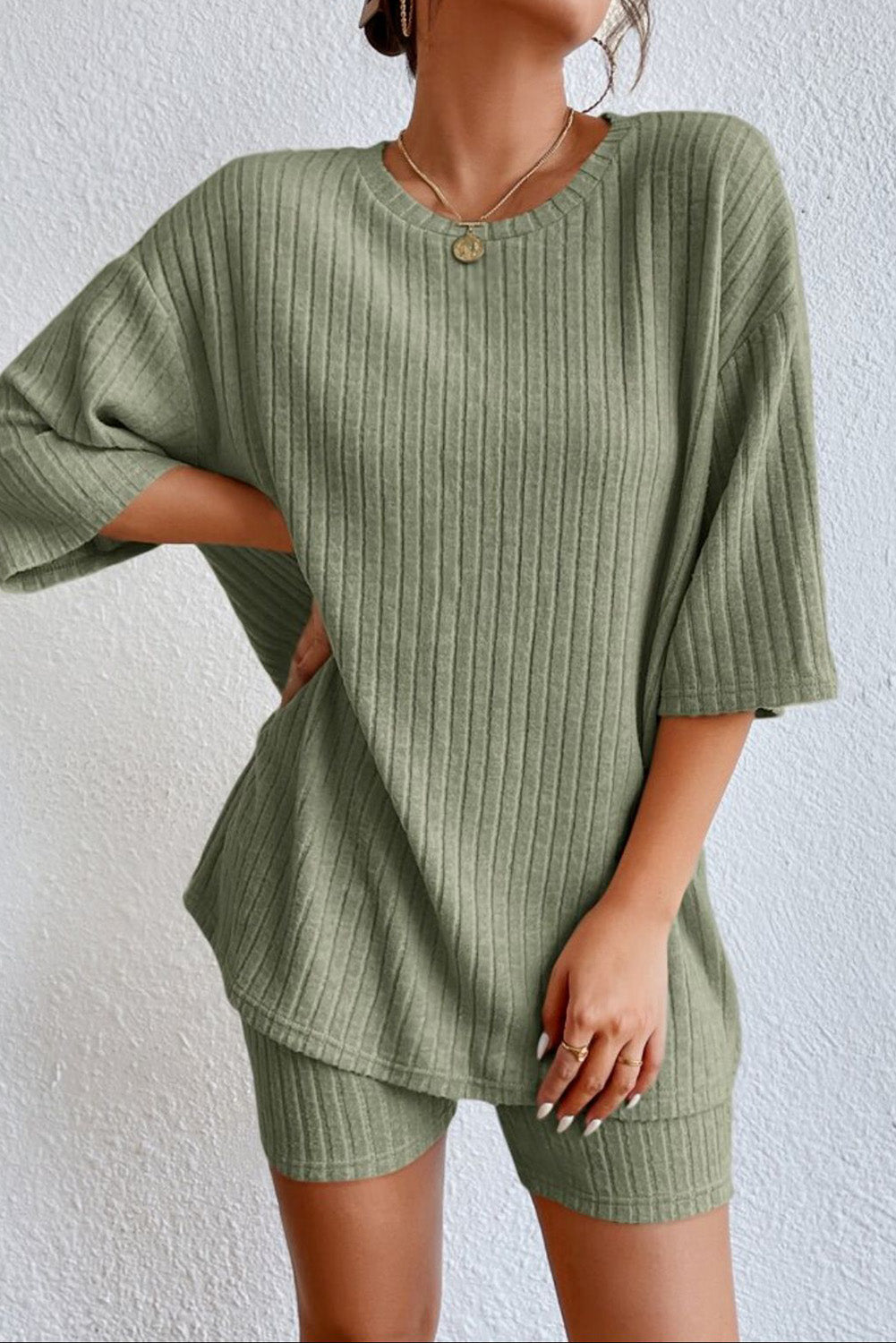 Round Neck Ribbed Top and Shorts Lounge Set - Ladyez