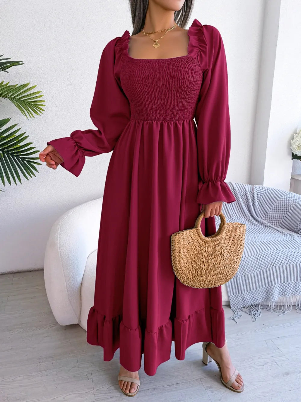 Smocked Square Neck Flounce Sleeve Dress - Ladyez