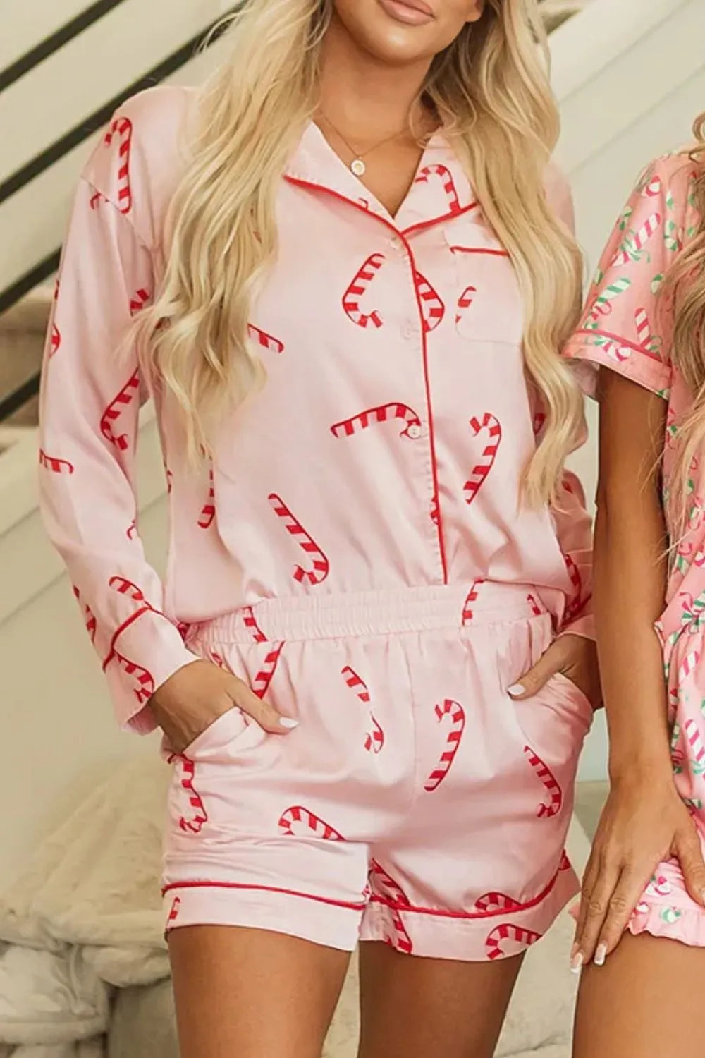Candy Cane Collared Neck Long Sleeve Top and Shorts Lounge Set - Ladyez