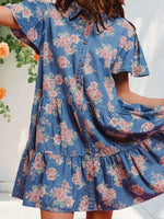 Floral Print Denim Button-Down Tiered Mini Dress