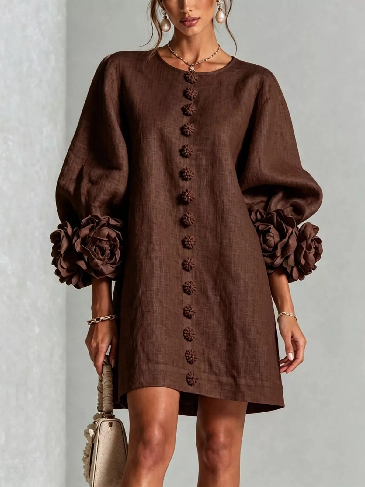 3D Floral 3/4 Sleeve Mini Dress
