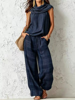 Full Size Sleeveless Cowl Neck Top and Plaid Wide-Leg Pant Two-Piece Set Plus Size