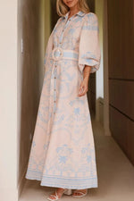 Printed Balloon Sleeve Maxi Shirt Dress