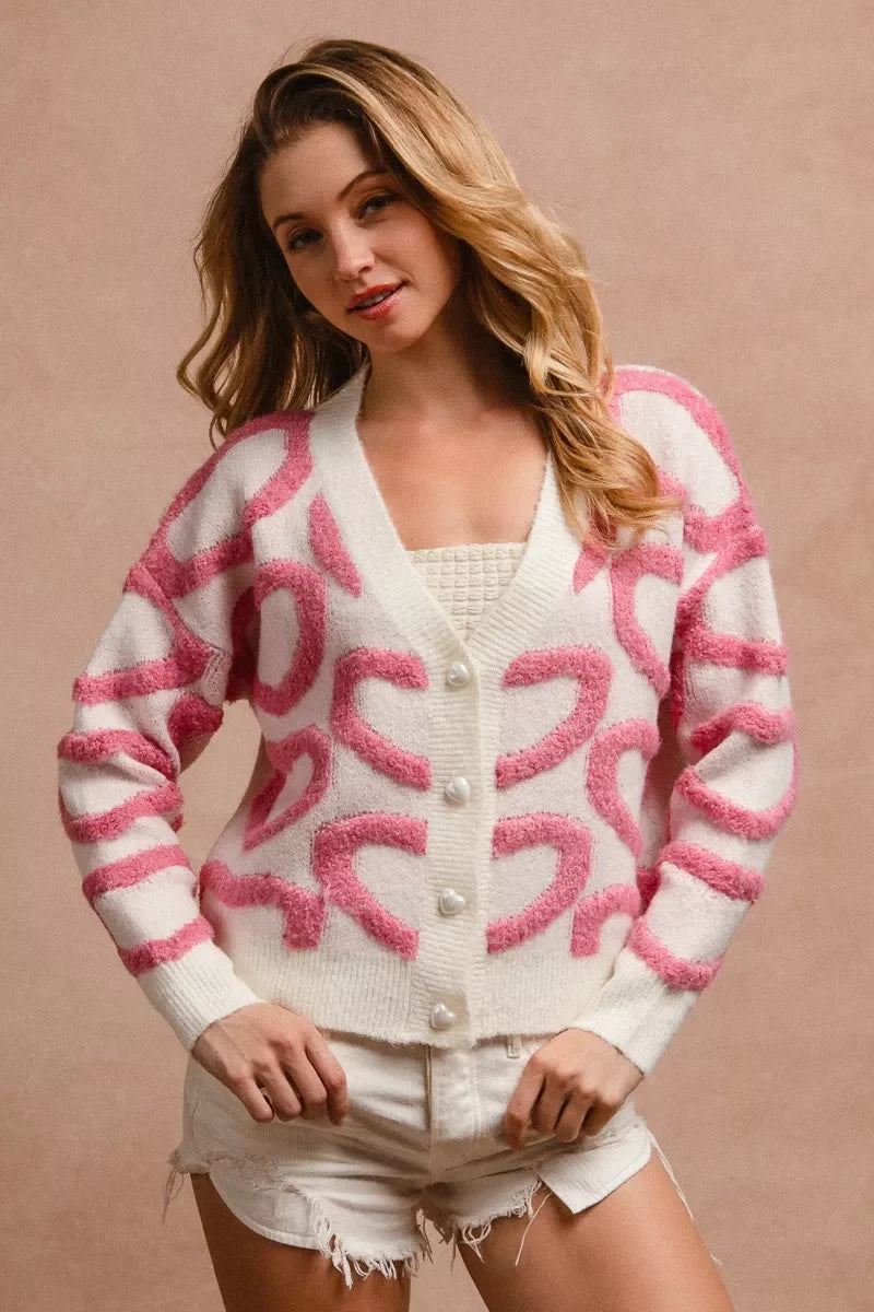 BiBi Textured Heart Buttoned V Neck Cardigan