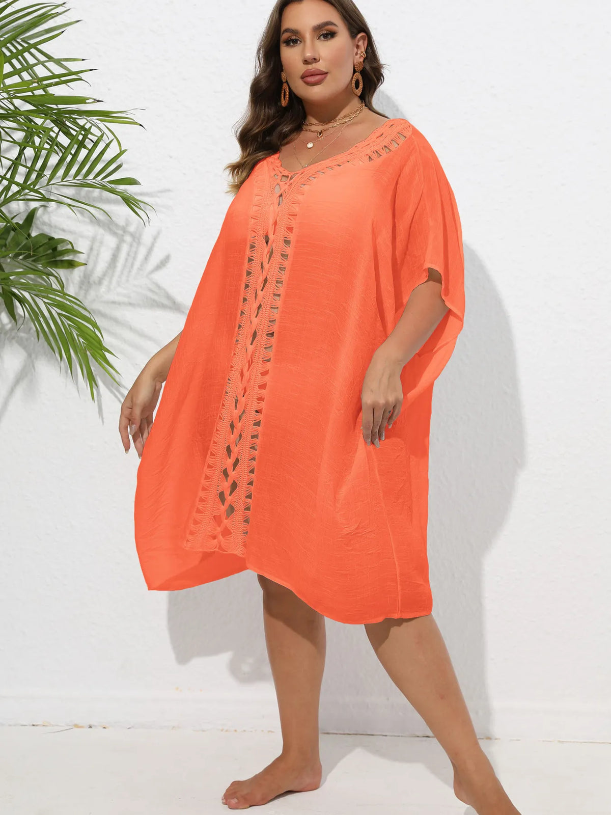 Crochet Trim V-Neck Beach Cover Up Dress - Ladyez