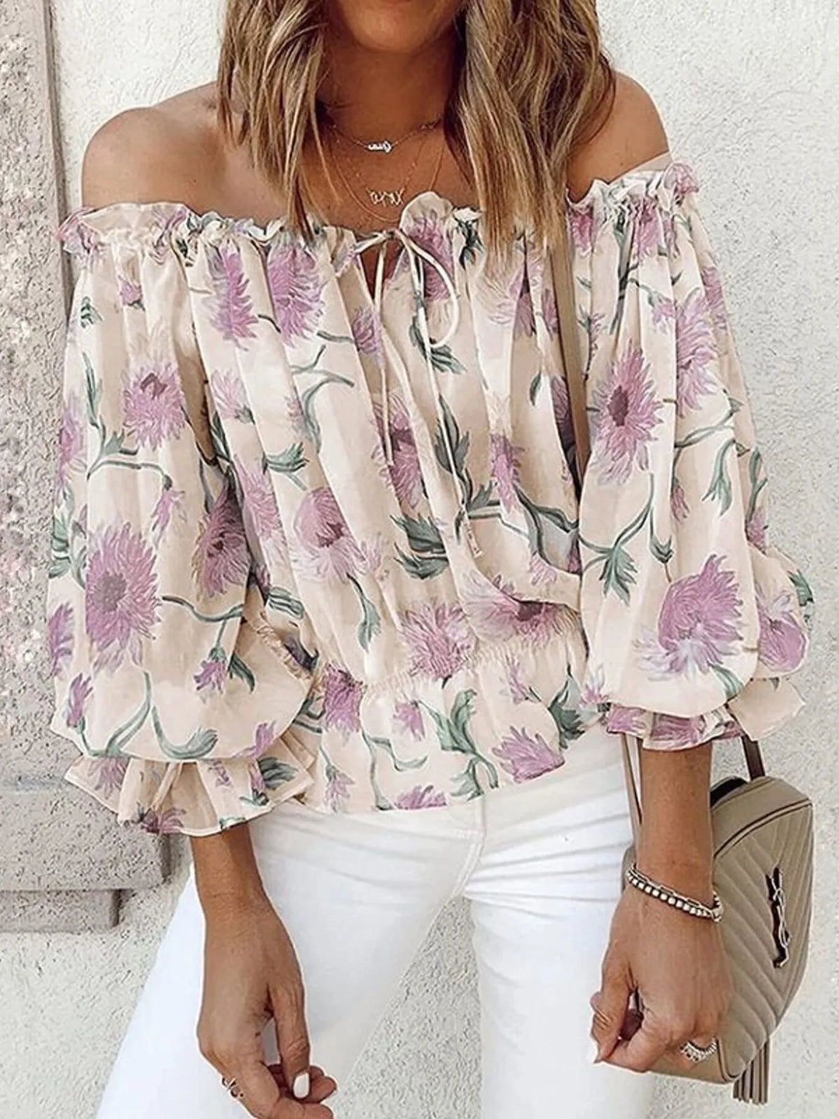 Off-Shoulder Floral Print Blouse - Ladyez