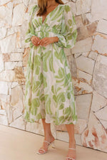 Printed V-Neck Long Sleeve Midi Dress
