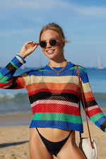 Angel Wings Rainbow Stripe Openwork Long Sleeve Cover-Up - Ladyez