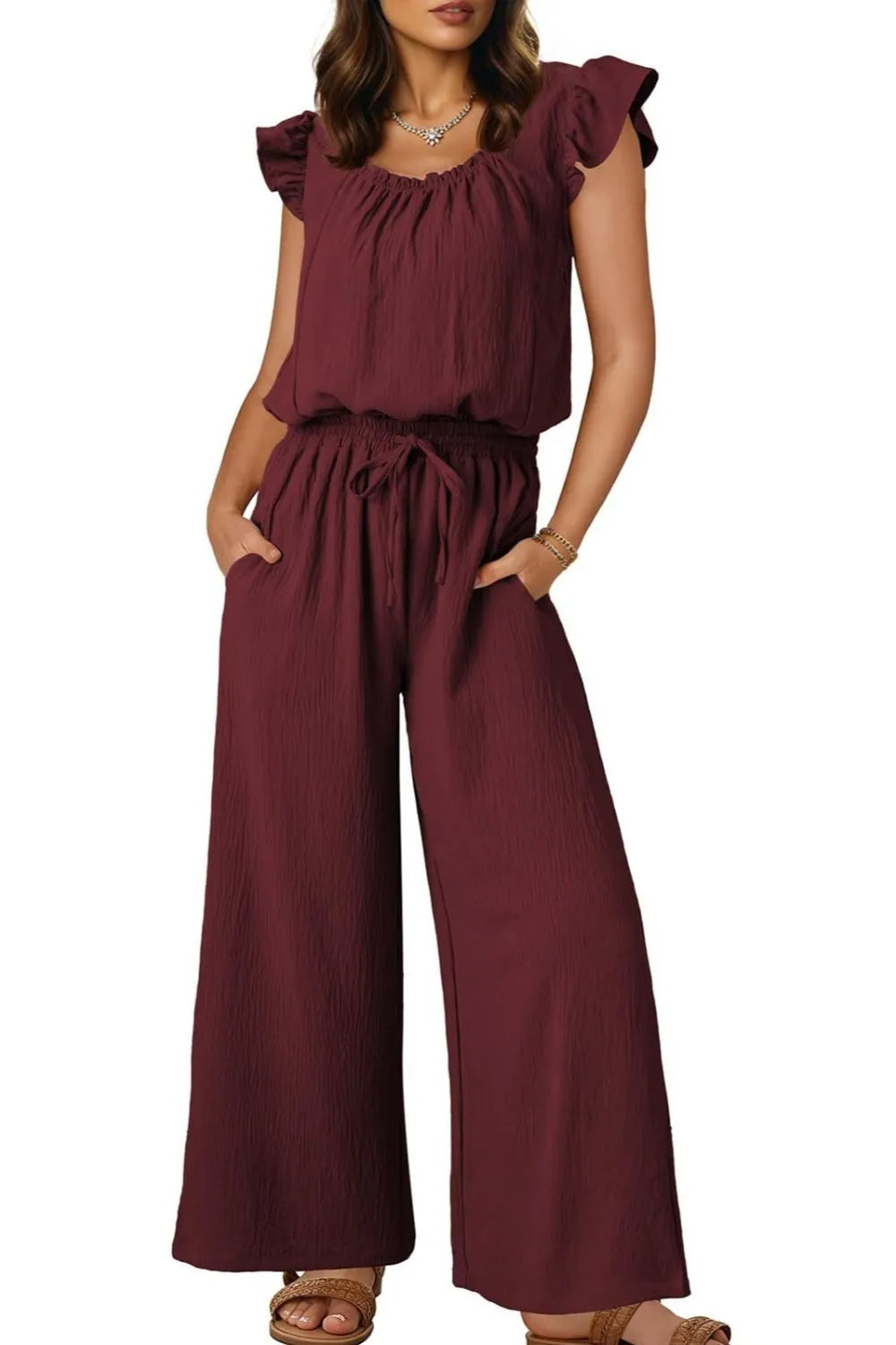 Ruffled Cap Sleeve Wide Leg Jumpsuit - Ladyez