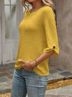 Textured Waffle Knit Three-Quarter Sleeve T-Shirt