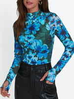 Floral Mock Neck Long Sleeve T-Shirt - Ladyez