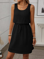 Waffle-Knit Drawstring Mini Tank Dress - Ladyez