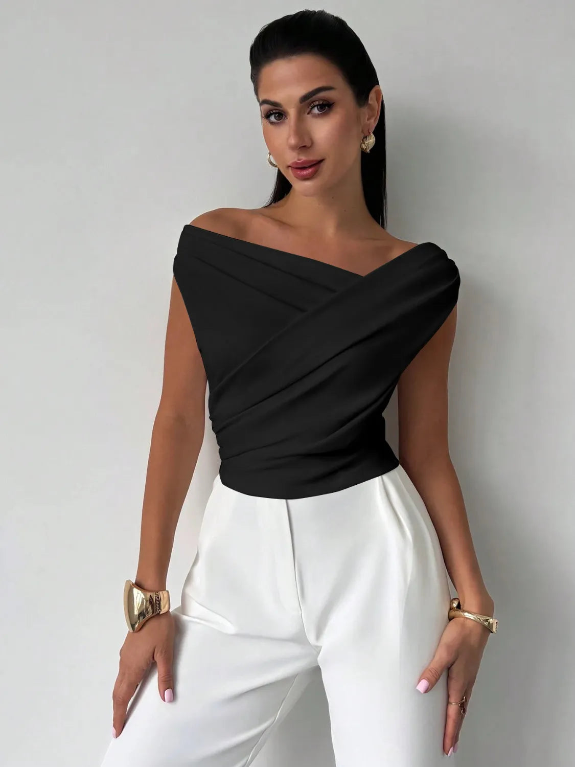 Asymmetrical Ruched Short Sleeve Top - Ladyez