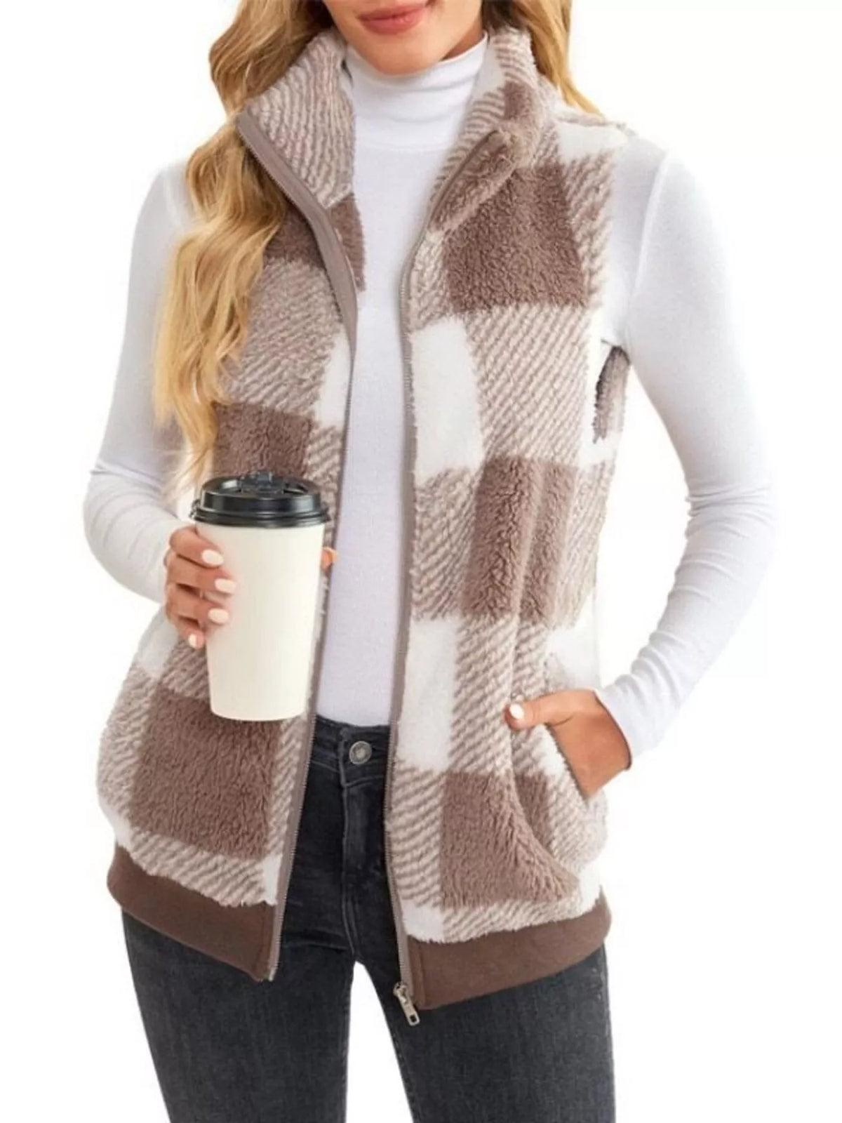 Full Size Color Block Zip Up Vest Coat Plus Size