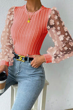 Double Take Textured Applique Long Sleeve Blouse - Ladyez