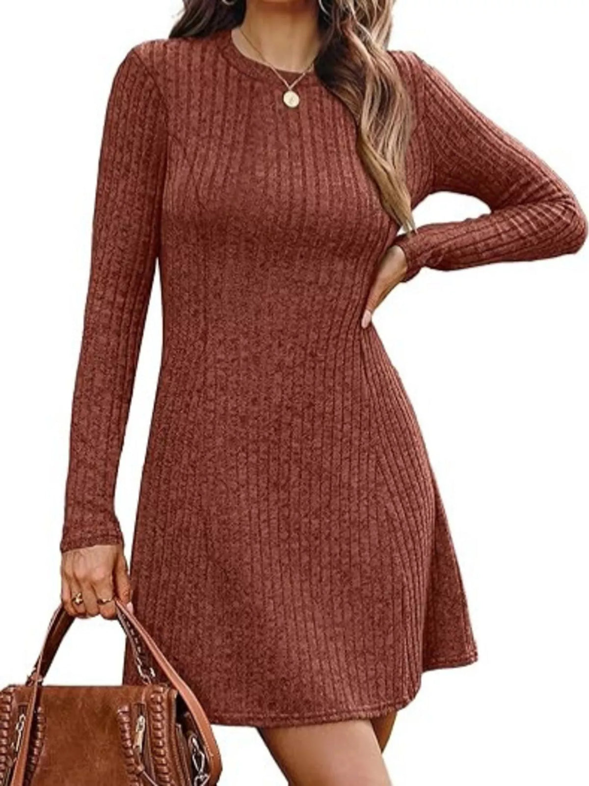 Ribbed Knit Long Sleeve A-Line Dress