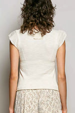 POL V-Neck Lightweight Textured Short Sleeve Knit Top with Lace Trim