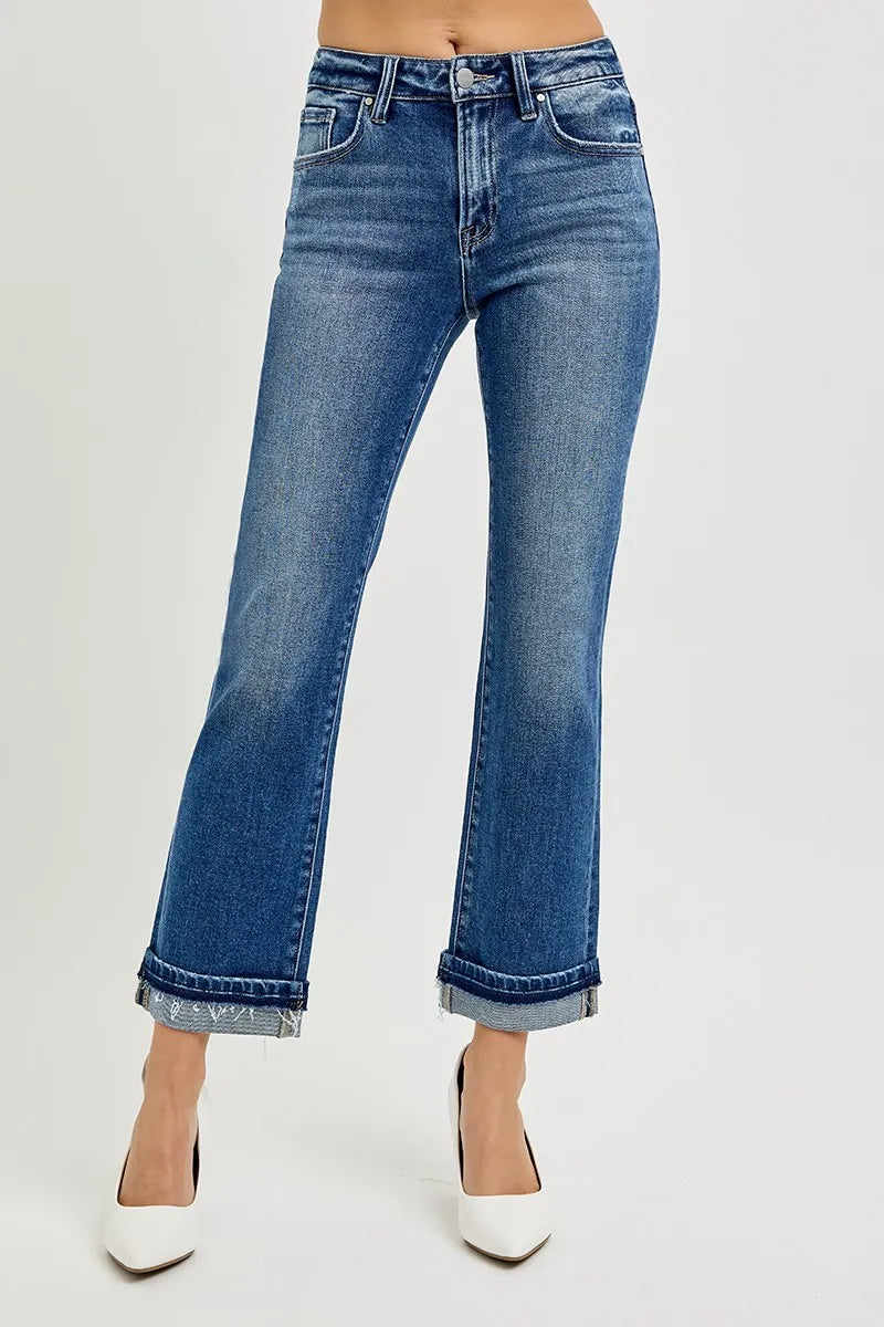 RISEN Mid Rise Ankle Straight Cuffed Jeans - Ladyez