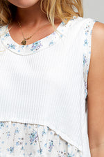 POL Floral Print Patche Round Neck Ribbed Tank with Double Gauze Ruffle Accents