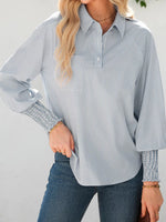 Pinstripe Long Sleeve Smocked Cuffs Button Shirt Collar Blouse