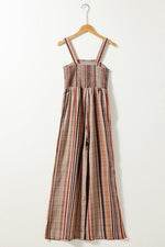 Stripe Square Neck Sleeveless Smocked Bodice Wide Leg Jumpsuit