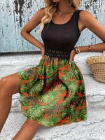 Tropical Print Sleeveless Summer Dress with Lace Waist Detail