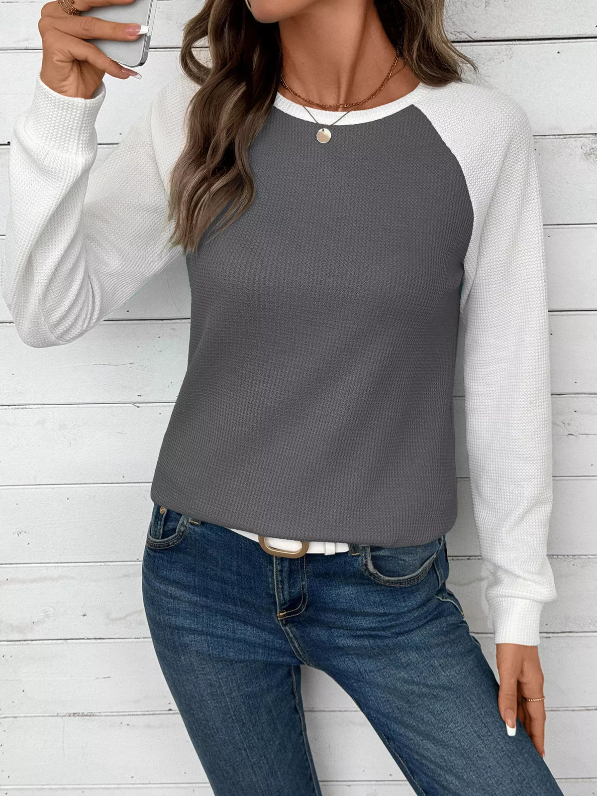 Contrast Raglan Sleeve Waffle Knit T-Shirt