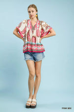 Umgee Mix Paisley Border Print Tassel Top
