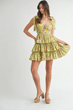 MABLE Floral Print Shoulder Tie Layered Mini Dress