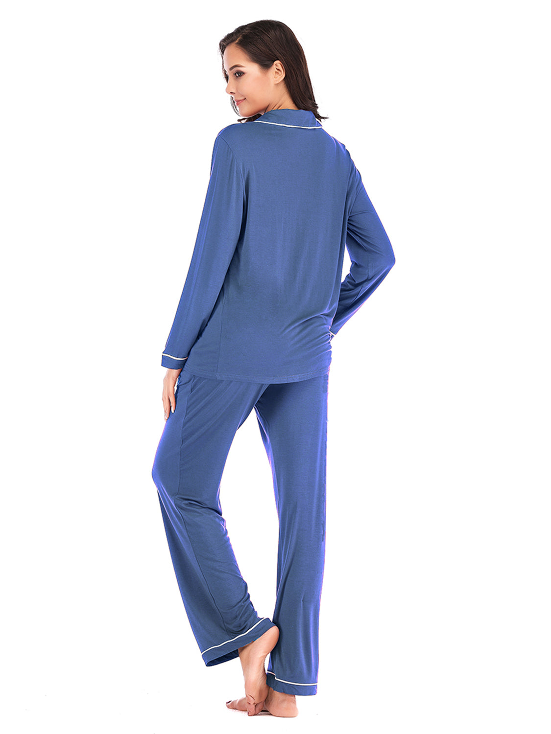 Collared Neck Long Sleeve Loungewear Set with Pockets - Ladyez