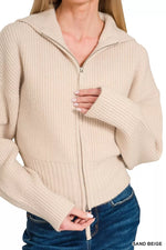 Zenana Ribbed Collared Zip Up Sweater Cardigan