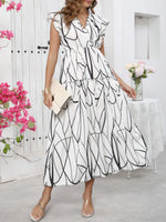 Abstract Print Ruffle Sleeve V-Neck Midi Dress