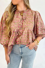 Floral Print Bow Pintuck Bust Half Puff Sleeve Blouse Top
