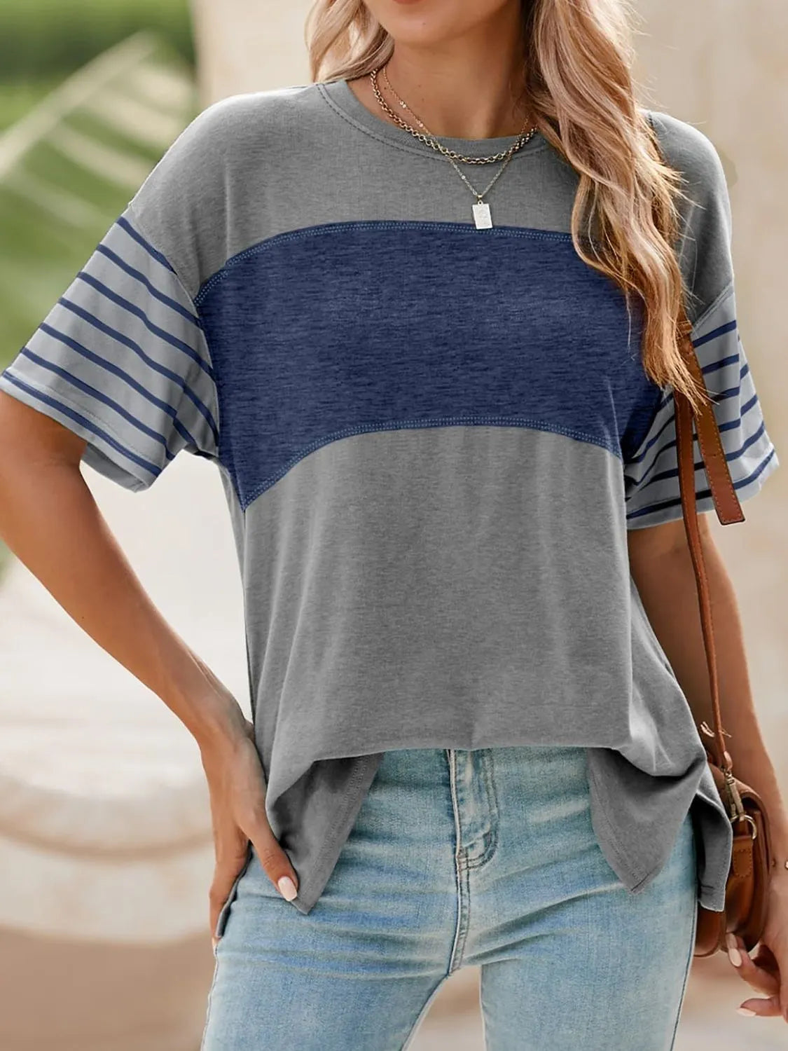 Color Block Striped Sleeve Casual T-Shirt - Ladyez