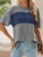 Color Block Striped Sleeve Casual T-Shirt - Ladyez