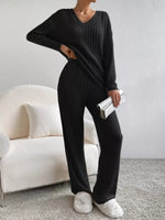 Ribbed Knit V-Neck Top and Pants Set