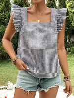 Ruffle Sleeve Gingham Square Neck Top - Ladyez