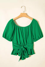 Solid Color Ruched Crossed Waist Tied Back Short Sleeve Peplum Top