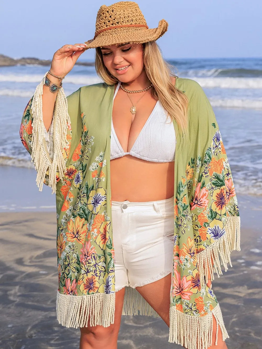 Plus Size Fringe Open Front Cover-Up - Ladyez