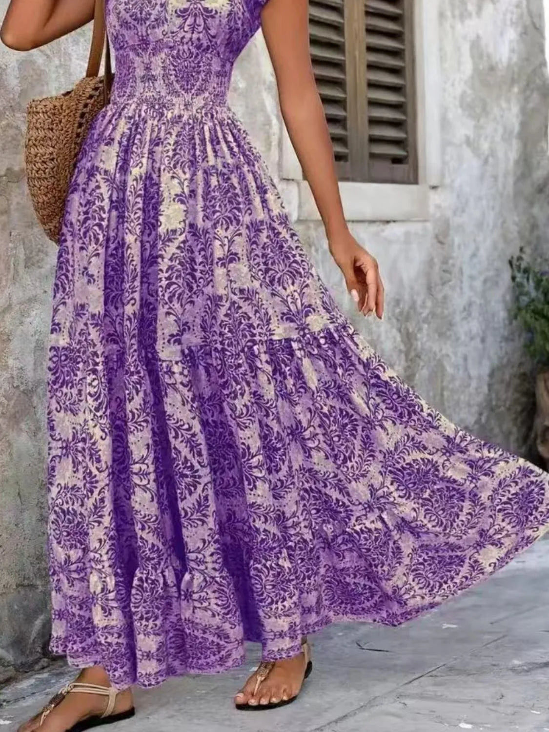 Vintage Floral Cap Sleeve Maxi Dress - Ladyez