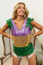 BiBi Mardi Gras Sequin Color Block RuffledTop