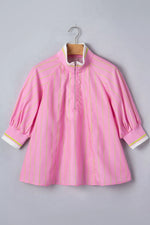Stripe Striped V-Neck Half Sleeve Zipper Ribbed Cuff Casual Shift Blouse