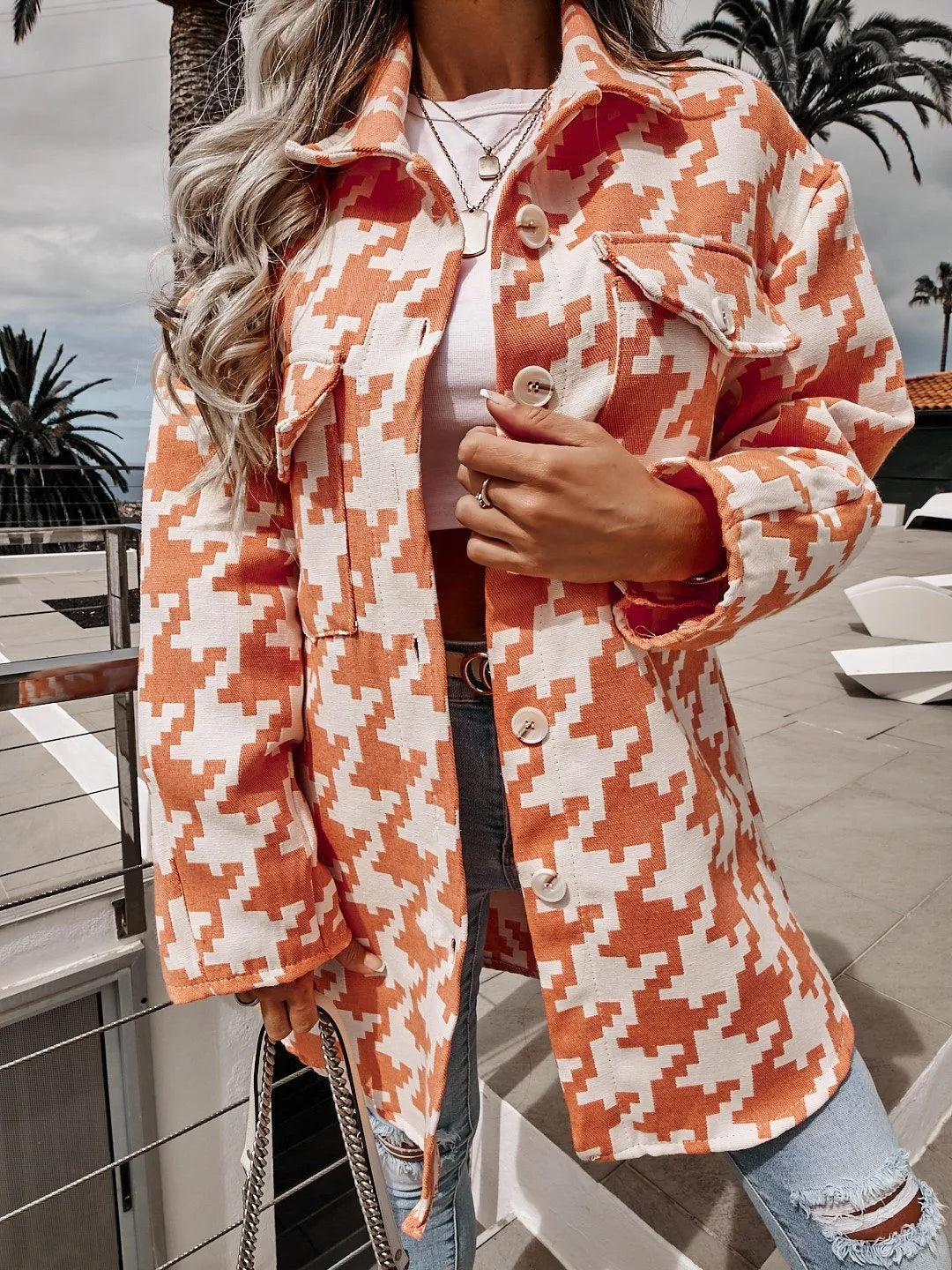 Houndstooth Button Up Long Sleeve Outerwear
