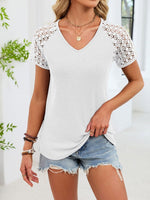 Lace Sleeve V-Neck Waffle Knit T-Shirt