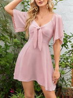Smocked Back Knotted Flutter Sleeve Dress - Ladyez