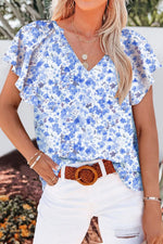 Flutter Sleeve Notched Floral Summer Blouse
