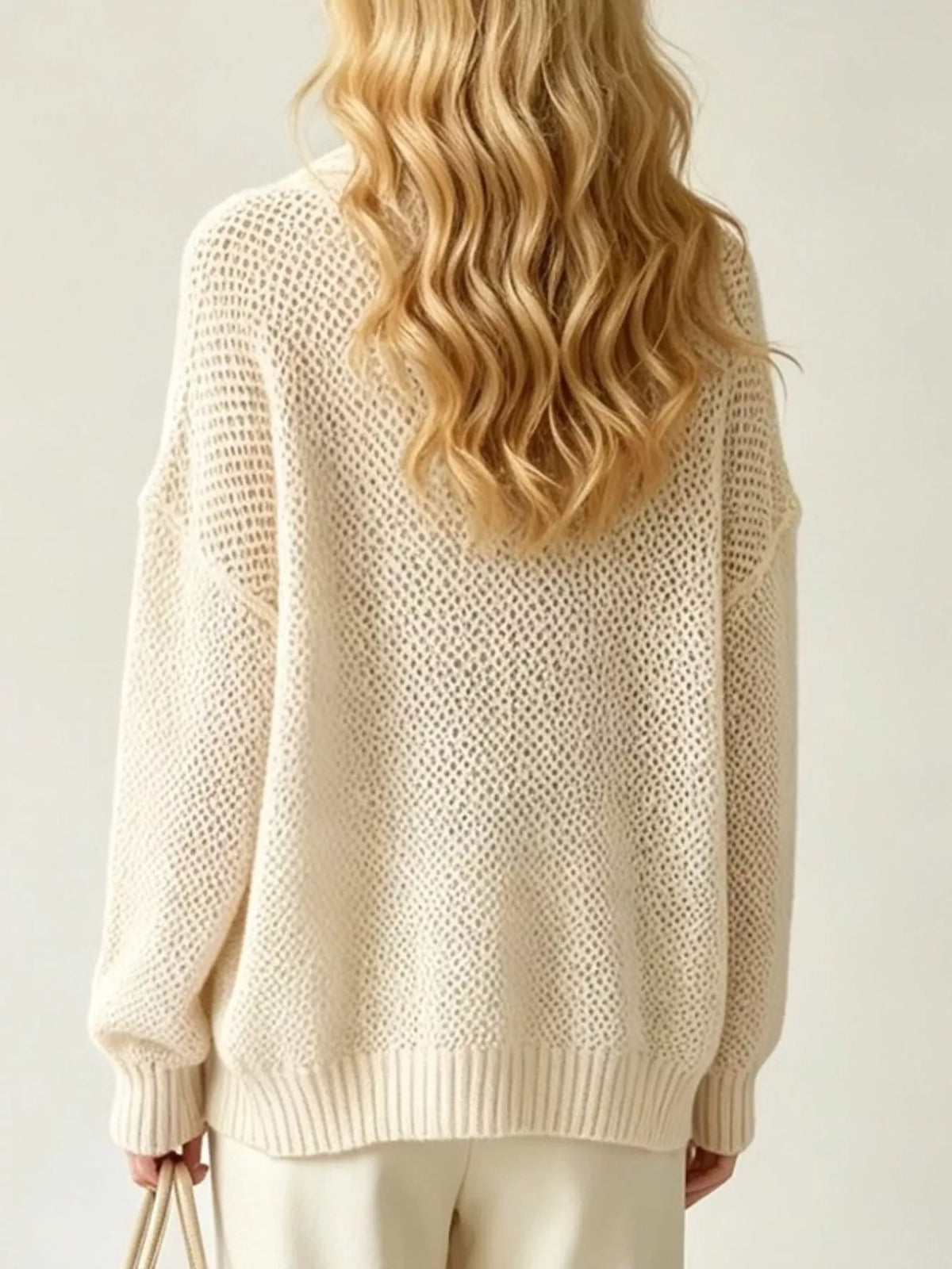 V-Neck Open-Knit Button-Down Cardigan