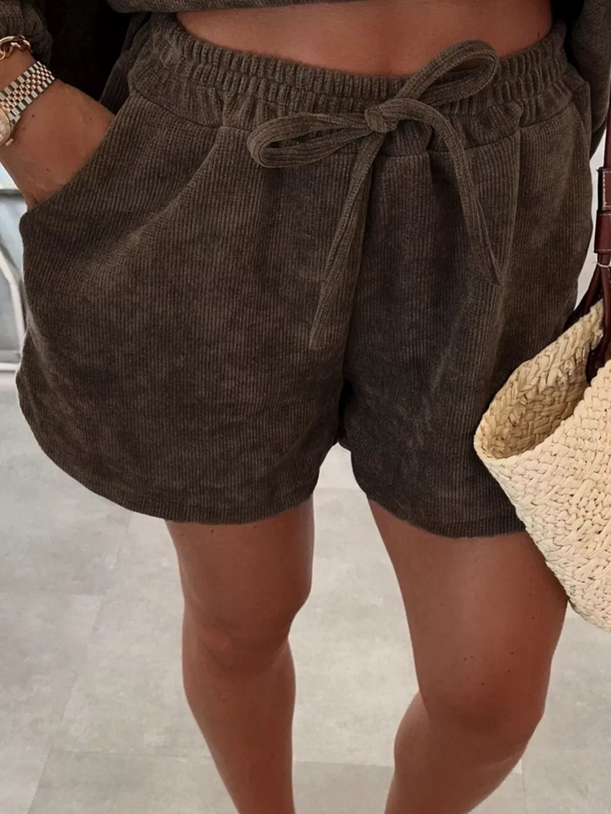 Casual Corduroy Long Sleeve Top and Drawstring Shorts Set